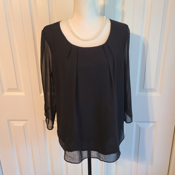 Roz & Ali Tops - Roz & Ali Black Crepe Semi Sheer Half Lantern Sleeve Scoop Neck Blouse Large EUC